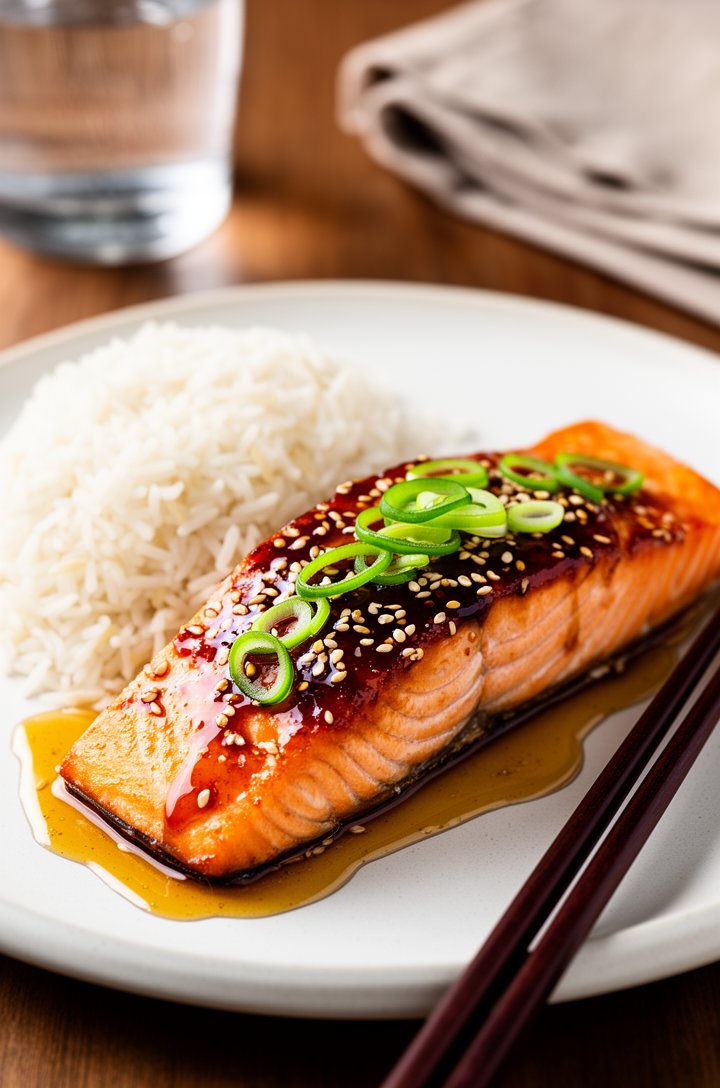45-degree angle shot of the finished honey garlic salmon on a white ceramic plate, the salmon fillet glistening with dark amber caramelized glaze, sesame seeds and thinly sliced green onions scattered