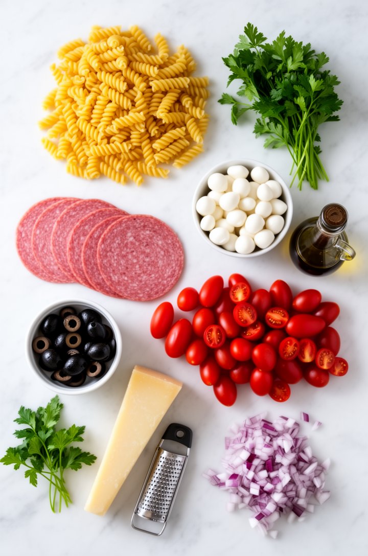 Overhead flat-lay shot of all Italian pasta salad ingredients arranged in neat piles on a large white marble surface — a mound of uncooked rotini pasta, a fan of sliced Genoa salami rounds, a small bo
