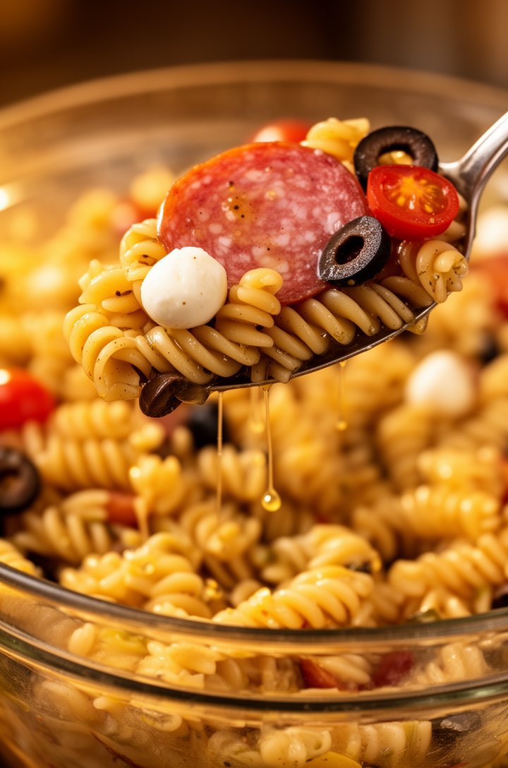 Extreme close-up macro shot of a large spoonful of finished Italian pasta salad being lifted from a glass serving bowl, showing individual rotini spirals coated in glistening vinaigrette with a piece