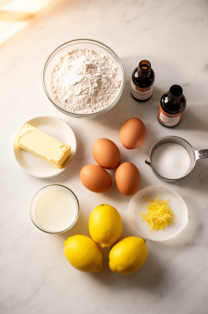 Overhead flat-lay of baking ingredients arranged on white marble surface — a bowl of sifted flour, a stick of softened butter on a small white dish, two eggs, three bright yellow lemons (one zested sh
