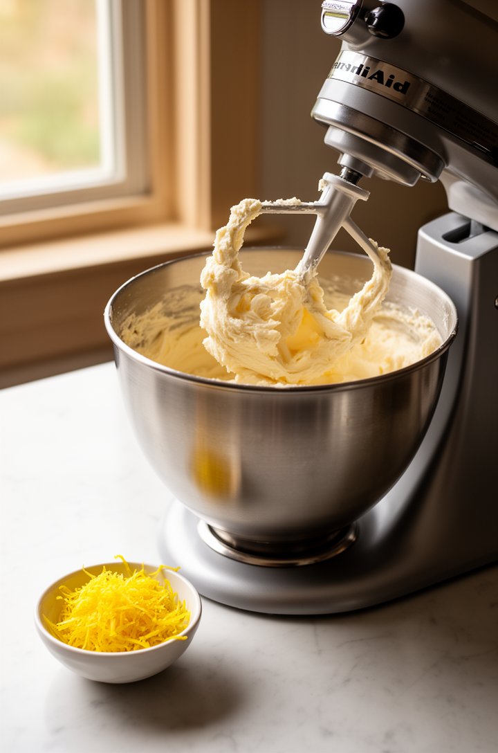 Close-up 45-degree angle shot of a stand mixer bowl with pale, fluffy creamed butter and sugar mixture, the paddle attachment lifted slightly showing the light and airy texture. A small bowl of bright