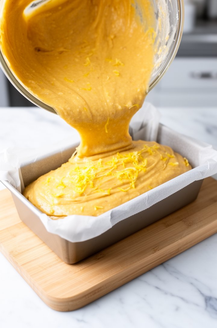 Side-angle shot of golden cake batter being poured from a mixing bowl into a parchment-lined 9x5 loaf pan, the batter thick and smooth with visible flecks of yellow lemon zest throughout. The loaf pan