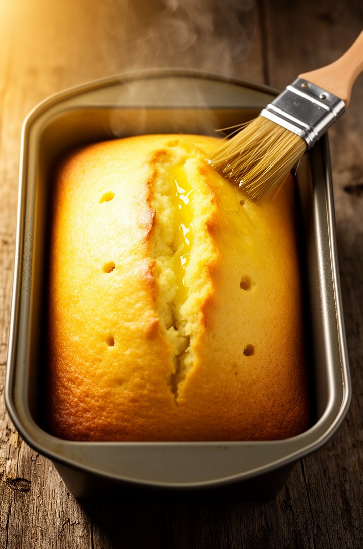Close-up overhead shot of the baked lemon loaf still in the pan, golden-brown domed top with a natural crack down the center, small holes visible where a toothpick was poked for the syrup. A pastry br