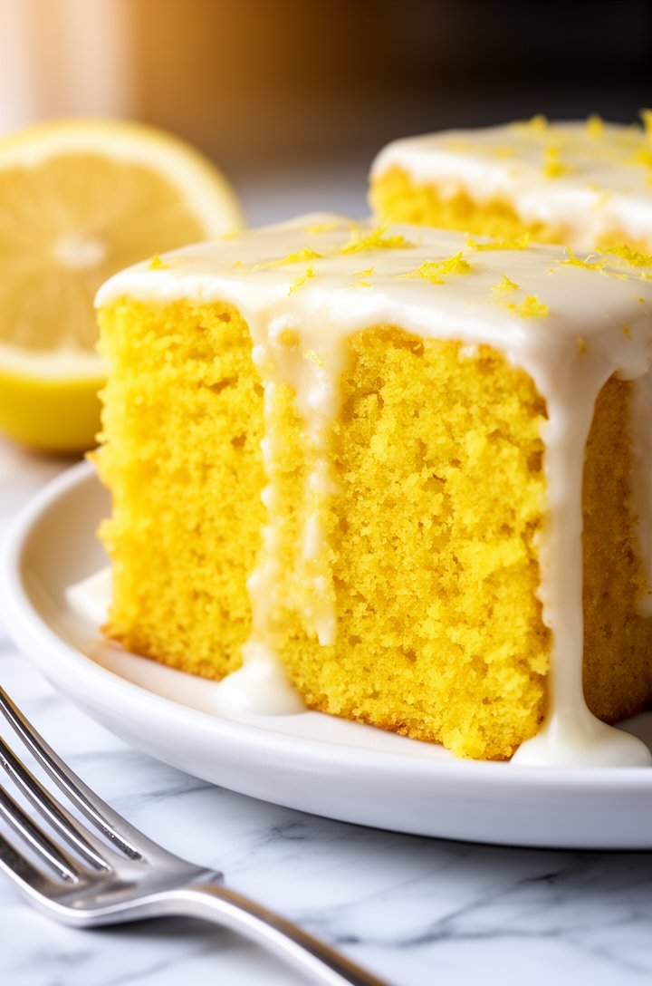 Extreme close-up macro shot of two thick slices of lemon cake on a white ceramic plate, showing the incredibly moist, tender, bright yellow crumb interior. Thick white lemon glaze coats the top and dr
