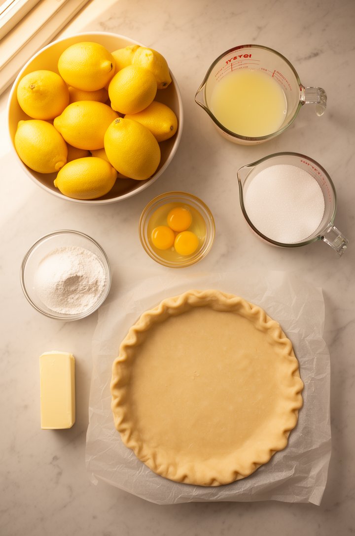 Overhead flat-lay of lemon meringue pie ingredients arranged on a light marble countertop — a bowl of bright yellow lemons, a small glass bowl of egg yolks, a separate bowl of egg whites, a measuring 