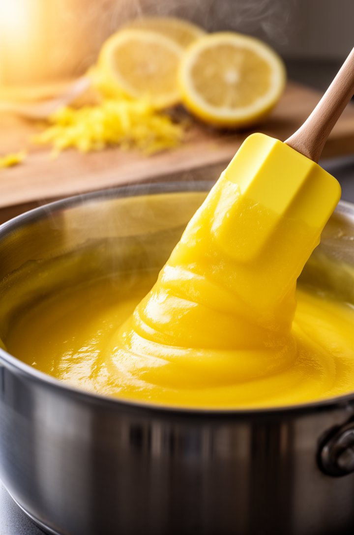 Close-up side-angle shot of a thick, glossy, vibrant yellow lemon curd being stirred with a silicone spatula in a stainless steel saucepan, the curd coating the spatula thickly, wisps of steam rising,