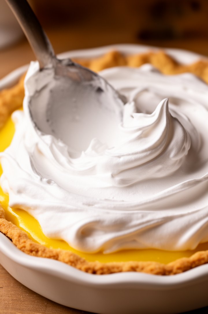 Action shot at a 45-degree angle of billowy white meringue being spread with the back of a large spoon over bright yellow lemon filling in a golden-brown pie crust sitting in a white ceramic pie dish,