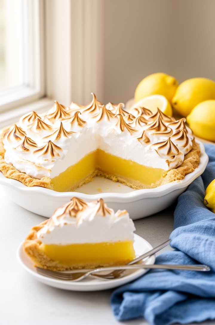 Side-angle hero-style shot of a whole lemon meringue pie in a white ceramic pie dish with one slice removed, revealing the three distinct layers — golden flaky crust, thick vibrant yellow lemon fillin