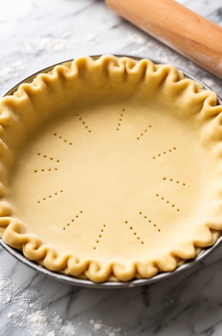 Close-up overhead shot of a 9-inch pie dish lined with raw pie dough, edges crimped in a decorative fluted pattern, the bottom pricked with fork holes in an even pattern, sitting on a marble countertop with a rolling pin and flour dusting visible at the edges, bright natural lighting from above