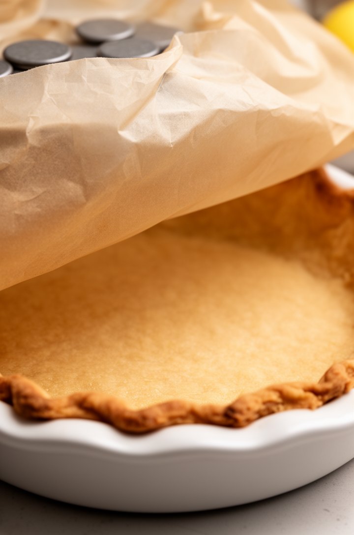 Side-angle shot of a blind-baked pie crust in a white ceramic pie dish, the crust is golden brown and dry with slightly darker crimped edges, parchment paper and pie weights being lifted out, showing the crisp empty shell underneath, warm kitchen lighting