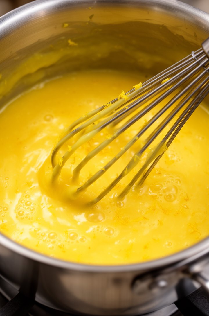 Close-up of a stainless steel saucepan from above showing thick, glossy, vibrant yellow lemon curd filling at the perfect consistency — coating a whisk thickly, small bubbles visible on the surface indicating it reached a boil, lemon zest flecks visible throughout, bright even lighting