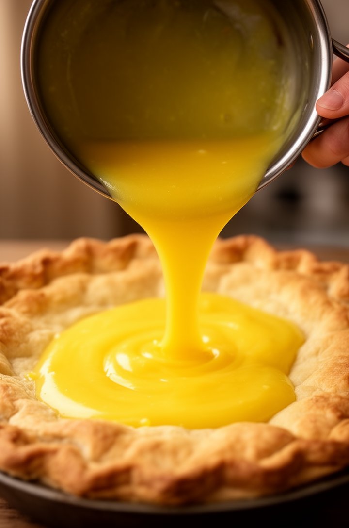 Action shot of a hand pouring thick bright yellow lemon filling from a saucepan into the golden baked pie crust, the filling flowing smoothly and glossy, some already pooled in the bottom of the crust, shot from a 45-degree angle with warm side lighting
