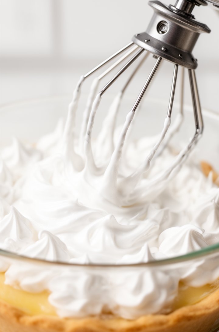 Close-up of a stand mixer whisk attachment lifted from the bowl, showing stiff glossy white meringue peaks standing straight up, the meringue smooth and shiny like marshmallow, bright clean lighting against a white kitchen background