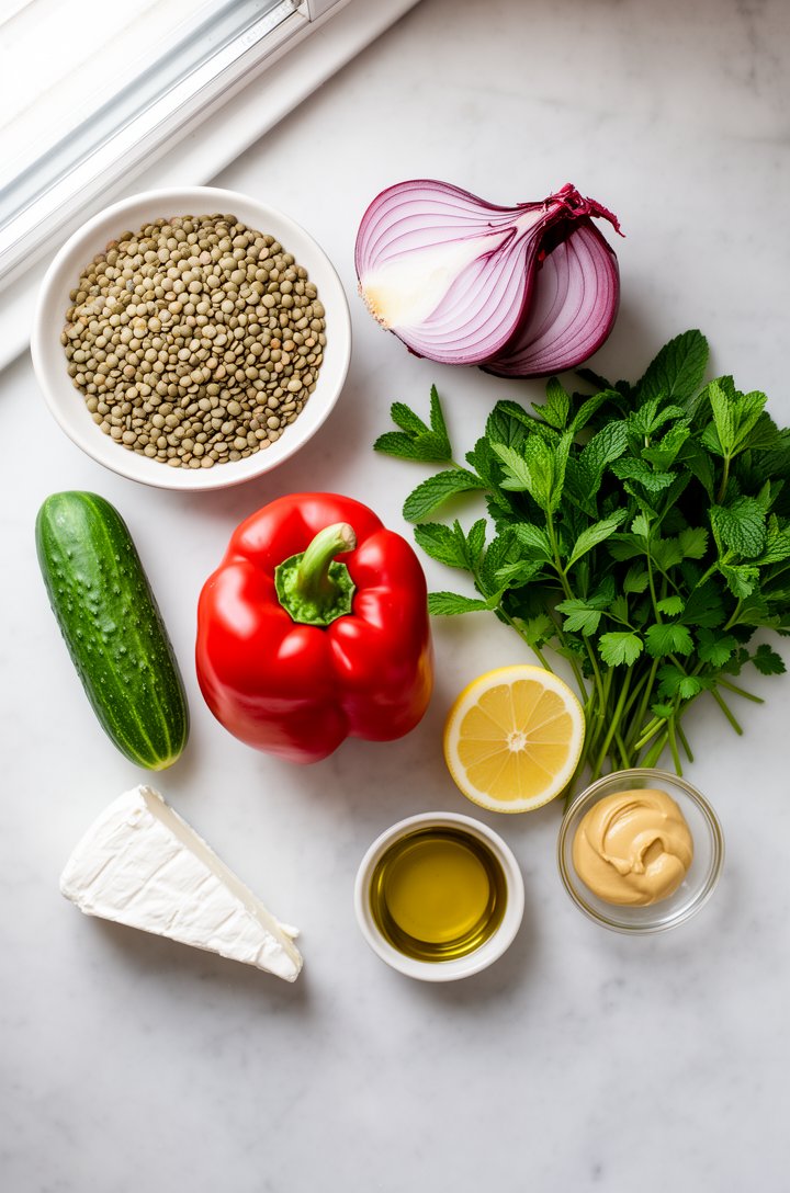 Overhead flat-lay of lentil salad ingredients arranged on a light marble surface — a bowl of dried green lentils, one whole English cucumber, a bright red bell pepper, half a red onion, a bunch of fre