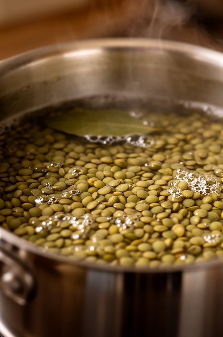 Close-up angled shot of green lentils simmering in a stainless steel saucepan with a bay leaf visible on the surface, small bubbles rising through the water, the lentils slightly swollen and olive-gre