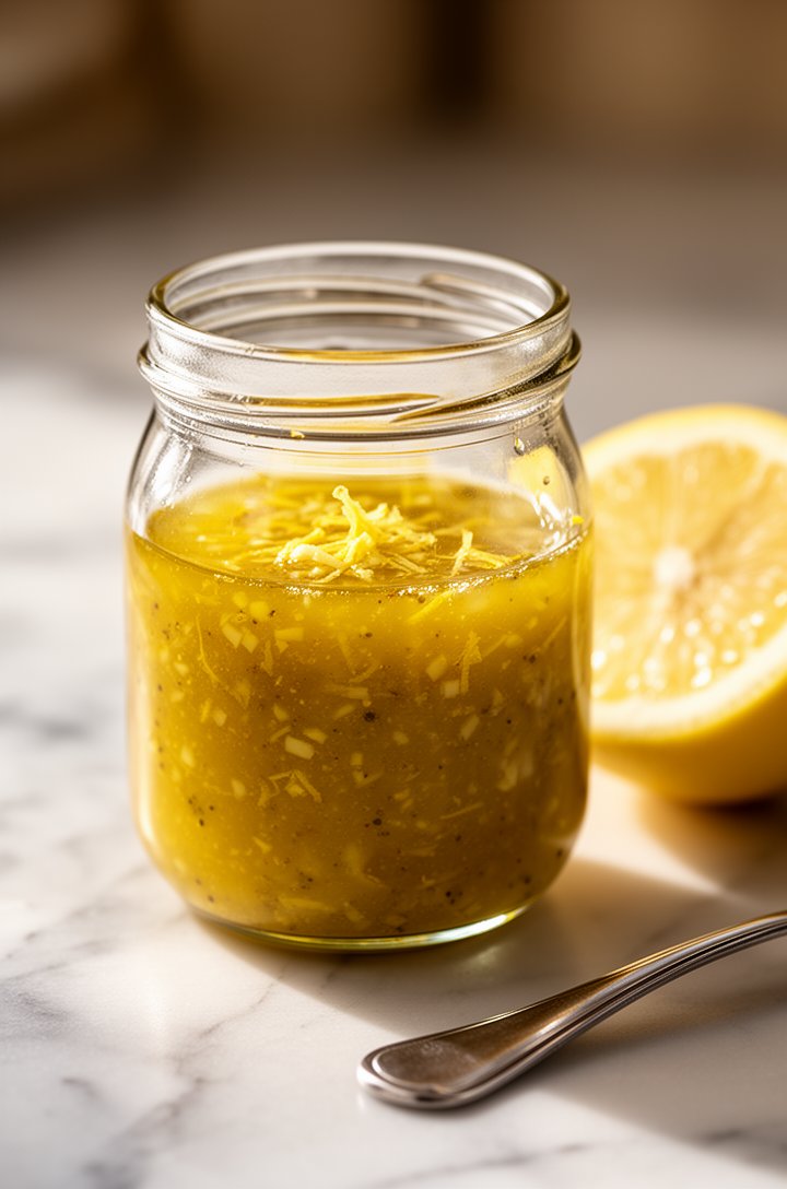 Side-angle shot of a small glass jar filled with golden lemon vinaigrette — olive oil, lemon juice, visible flecks of lemon zest, and tiny specks of minced garlic and Dijon mustard emulsified together