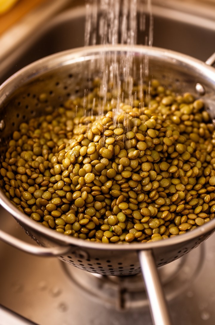 Close-up of cooked green lentils being drained through a stainless steel colander held over a sink, water streaming through, the lentils glistening and olive-green, individual grains clearly visible and intact. Warm side lighting, shallow depth of field focused on the lentils in the colander