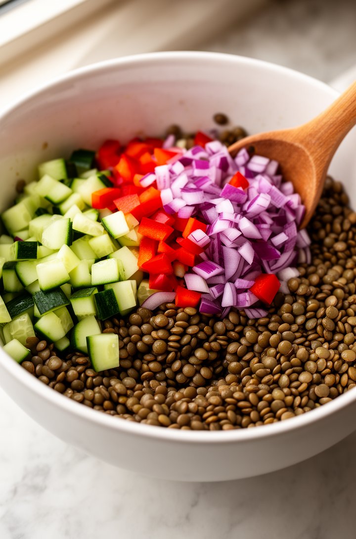 45-degree angle shot of diced cucumber, red bell pepper, and red onion being added to a large white bowl of drained lentils, a wooden spoon resting on the rim. The vegetables are vibrant — pale green, bright red, deep purple. Natural window lighting, the bowl on a light marble countertop