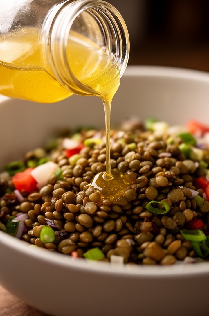 Close-up action shot of golden lemon vinaigrette being drizzled from a small glass jar over the lentil salad in a large white bowl, the dressing glistening as it hits the lentils and vegetables. Warm directional lighting from the left catching the stream of dressing mid-pour, shallow depth of field