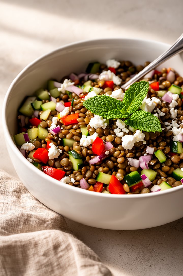 Finished lentil salad served in a deep white ceramic bowl, slightly angled at 30 degrees, a silver spoon tucked in. Lentils, red pepper, cucumber, red onion, white feta crumbles, and fresh mint leaves clearly visible on top. A linen napkin beside the bowl, natural side lighting casting soft shadows on a textured light surface
