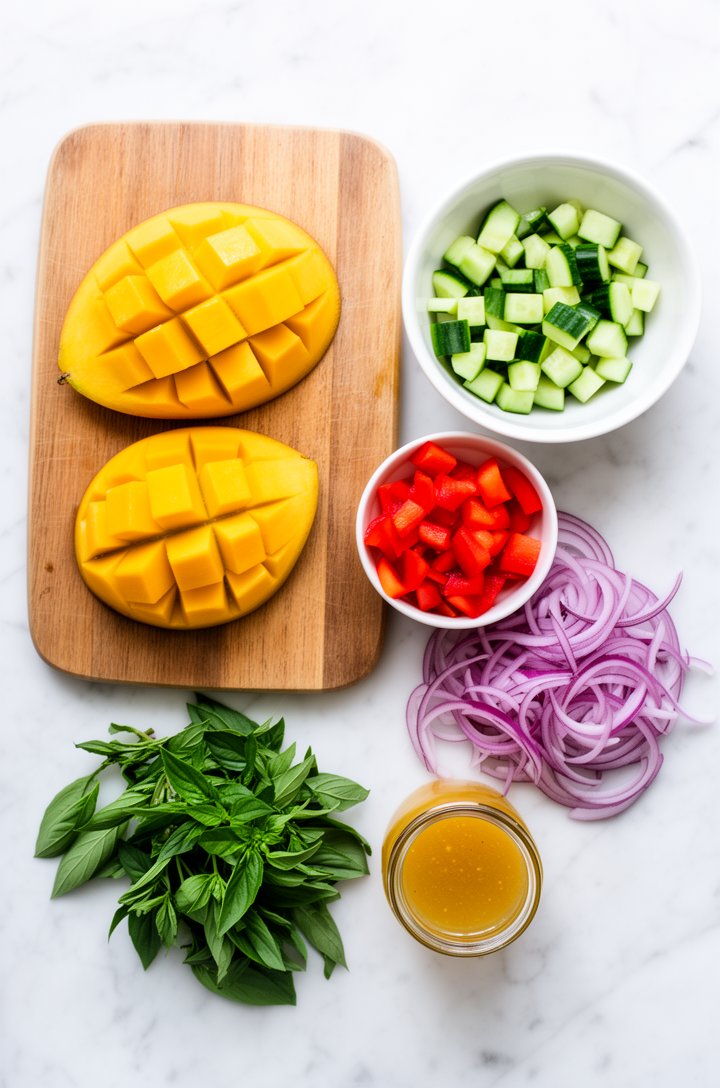 Overhead flat-lay of mango salad ingredients arranged on a white marble surface before mixing — two ripe mangoes cut into golden cubes on a wooden cutting board, a diced red bell pepper in a small whi