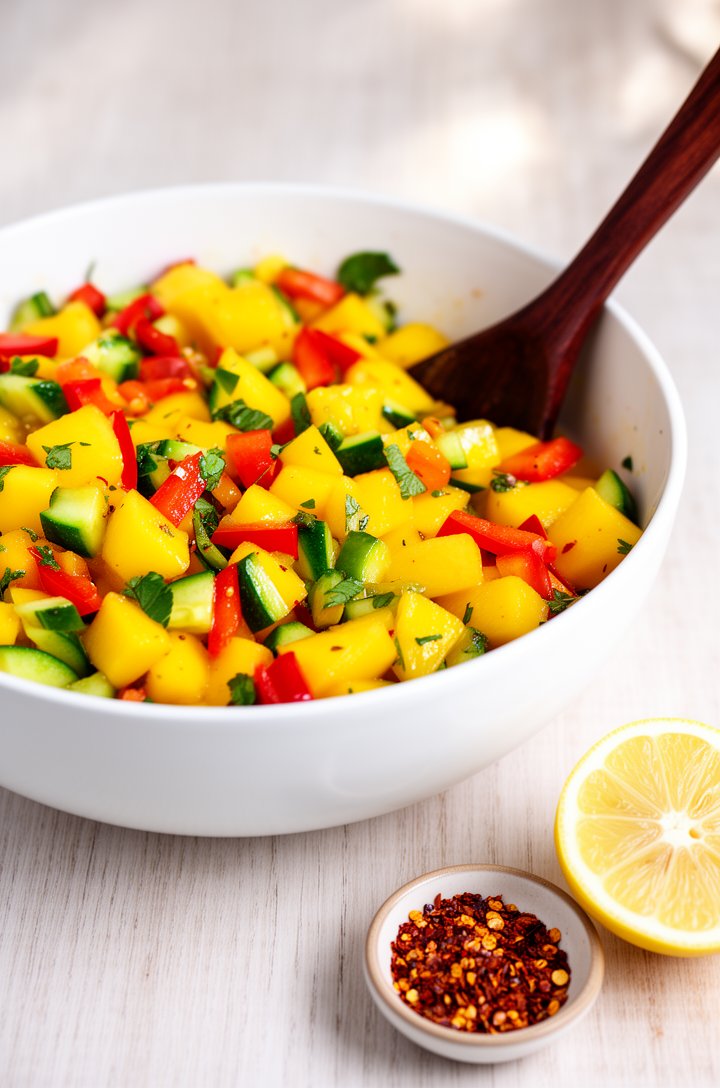 45-degree angle shot of the finished mango salad served in a large white ceramic bowl on a light wooden table, a dark wooden serving spoon resting inside. Vibrant mix of golden mango, red pepper, gree