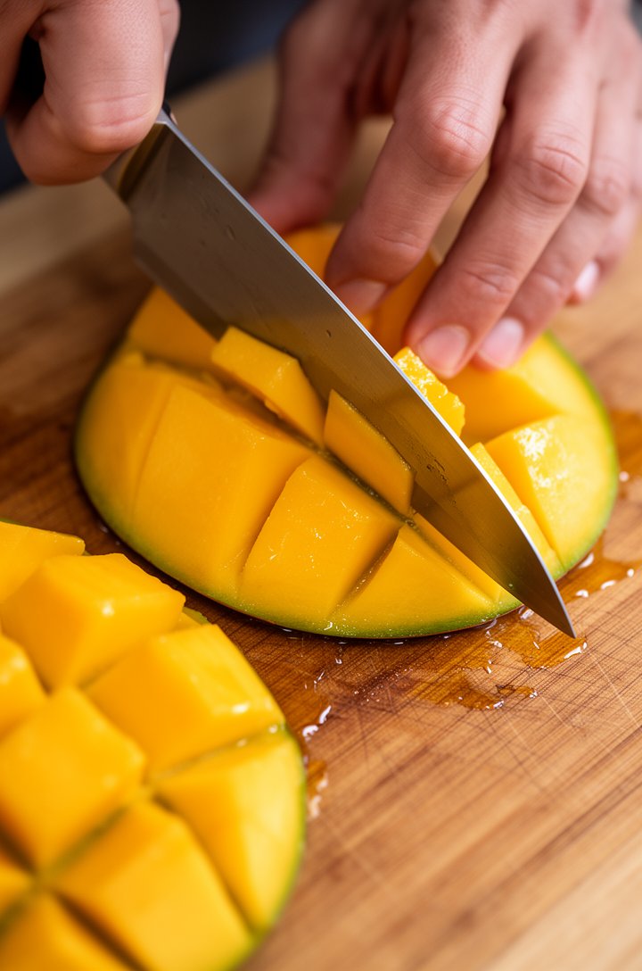 Close-up of hands dicing a ripe mango on a wooden cutting board, the knife mid-slice through the bright golden-orange flesh, cubes of mango already cut to one side glistening with juice. Natural warm side lighting, shallow depth of field focused on the knife edge and fresh mango, juice pooling on the wooden board surface