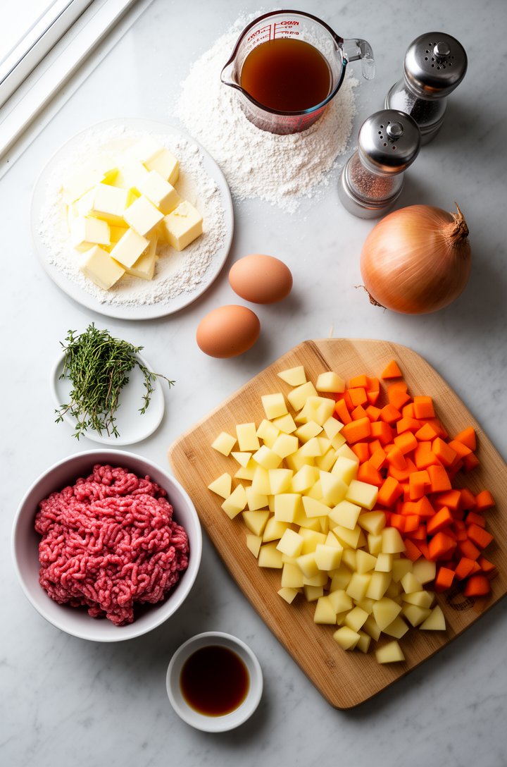 Overhead flat-lay of meat pie ingredients arranged on a light marble countertop — a mound of white flour, cubed cold butter on a small plate, two whole eggs, a bowl of raw ground beef, diced potatoes 