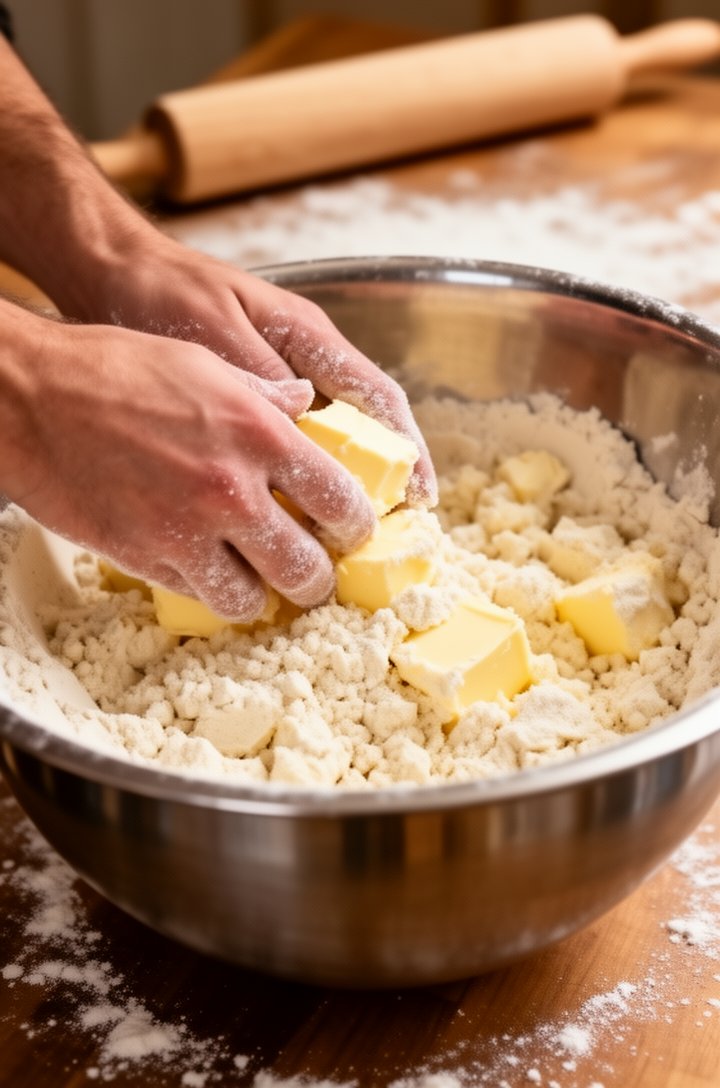 Close-up 45-degree angle shot of hands rubbing cold cubed butter into flour in a large stainless steel mixing bowl, mixture showing coarse crumb texture with visible butter pieces, flour dusted finger