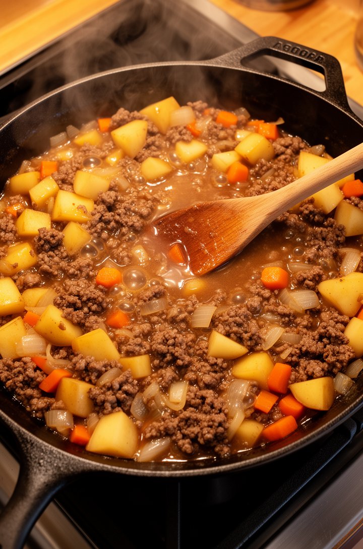 Overhead shot of a cast iron skillet on a stovetop with the meat pie filling — browned ground beef mixed with diced golden potatoes, orange carrot cubes, and softened onions in a thick brown gravy, a 