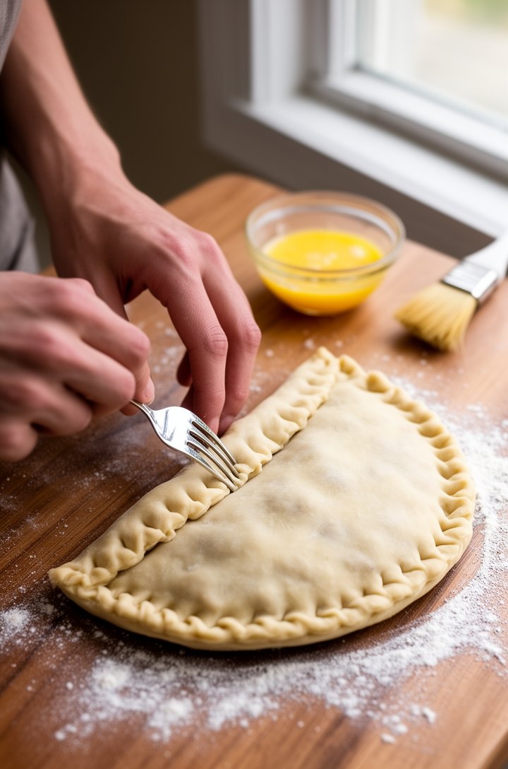 Side-angle close-up of hands crimping the edge of an assembled raw meat pie with a silver fork on a floured wooden surface, the half-moon shaped pie showing the sealed crimped edge pattern, a small bo