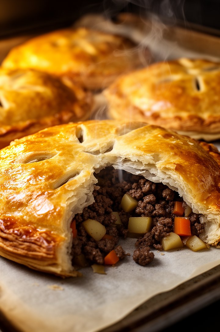 Extreme close-up macro shot of freshly baked golden-brown meat pies on a parchment-lined baking sheet, glistening egg-washed crust with visible flaky layers, fork-prick holes on top, one pie broken op