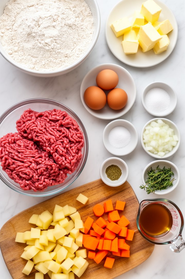 Overhead flat-lay of all measured ingredients for meat pies arranged on a white marble surface — flour in a large bowl, cold cubed butter on a small plate, eggs, sugar, salt and baking powder in tiny bowls, raw ground beef in a glass bowl, diced potato and carrot on a wooden cutting board, chopped onion, beef broth in a measuring cup, thyme in a small dish, bright even natural lighting from above
