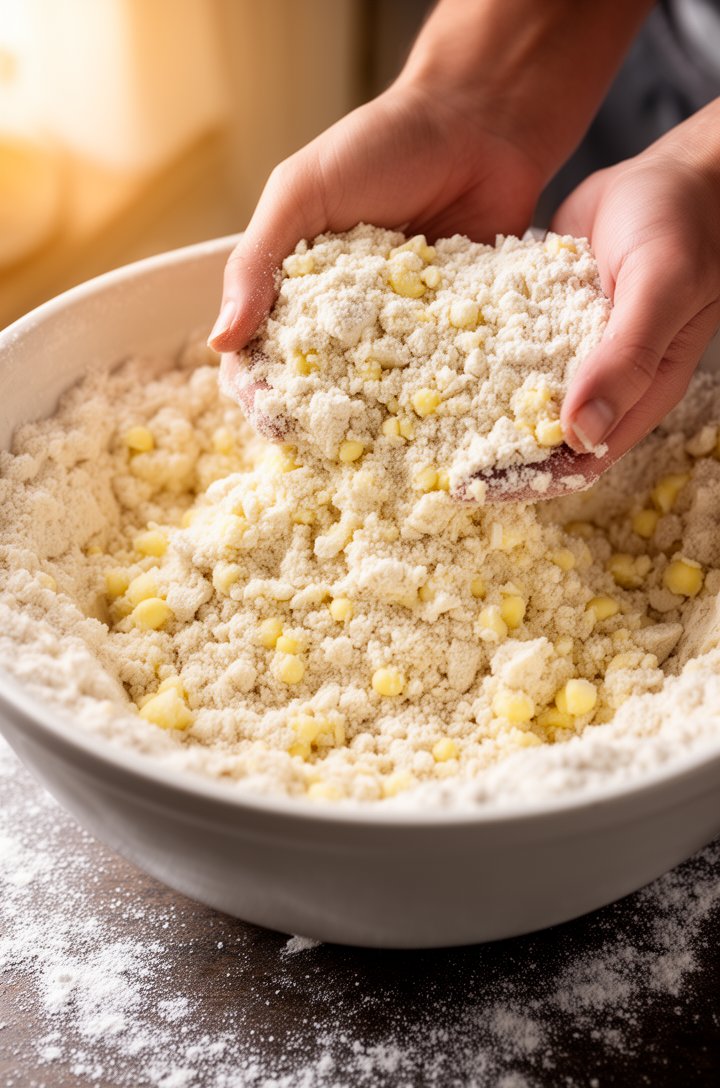 Close-up of a large mixing bowl showing the flour and butter mixture at the coarse crumb stage, with visible pea-sized butter pieces throughout, a pair of hands lifting the crumbly mixture, flour dusted on the counter around the bowl, warm soft kitchen lighting from the left side
