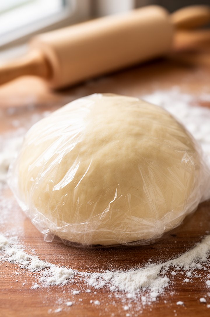 Side-angle shot of a smooth ball of pale pastry dough wrapped halfway in clear plastic wrap on a floured wooden surface, showing the smooth texture of properly mixed dough, rolling pin and scattered flour visible in the background, natural window lighting