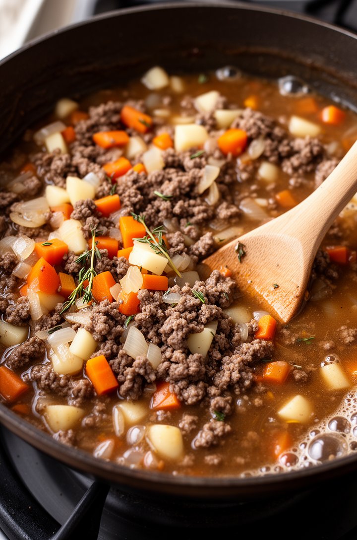 Overhead close-up of a large dark skillet on the stove showing the meat pie filling cooking — ground beef broken into small crumbles mixed with translucent softened onion pieces, bright orange diced carrots, and white potato cubes, all in a thick brown gravy with visible thyme flecks, wooden spoon in the pan, bubbling slightly at the edges