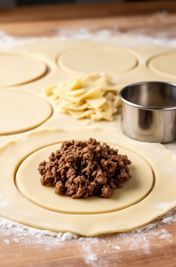 45-degree angle shot of rolled out pale pastry dough on a lightly floured wooden surface with several 5-inch circles already cut out using a round cutter, dough scraps between the circles, a metal round cutter resting to the side, one circle with a spoonful of cooled meat filling placed in the center, natural side lighting