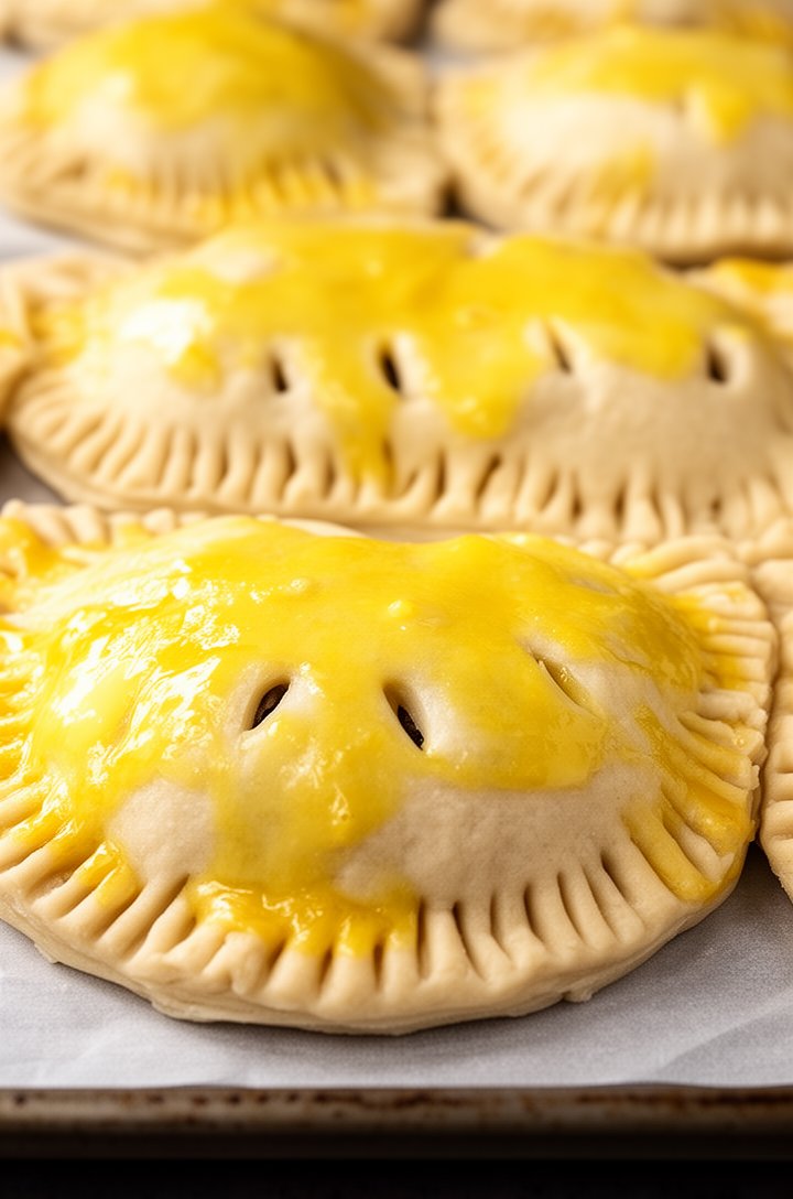 Close-up of a row of assembled raw meat pies on a parchment-lined baking sheet before going into the oven, half-moon shaped with neatly crimped fork edges, each pie brushed with glossy golden egg wash, fork holes visible on top, bright even lighting showing the pale raw dough color with the shiny egg wash coating
