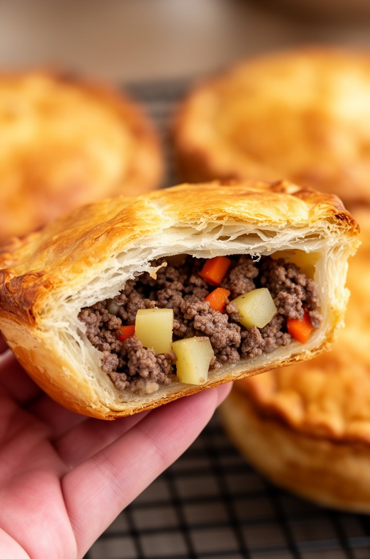 Close-up shot of a hand holding a freshly baked golden-brown meat pie that has been bitten into, showing the cross-section of flaky pastry crust and the thick savory beef filling with visible potato and carrot pieces inside, the rest of the baked pies visible on a cooling rack in the soft blurred background, warm natural lighting