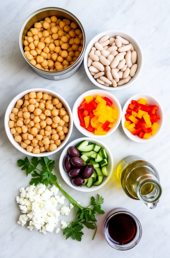 Overhead flat-lay of all bean salad ingredients arranged in small bowls and piles on a light marble surface — an open can of golden chickpeas, a bowl of white cannellini beans, finely diced red and ye