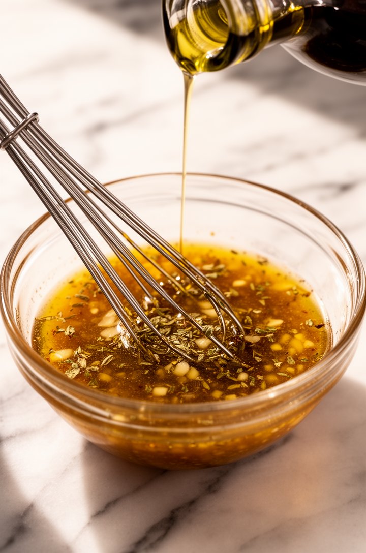 Close-up action shot of red wine vinaigrette being whisked in a small glass bowl, showing the emulsified golden-amber dressing with visible flecks of dried oregano and minced garlic. A small silver wh