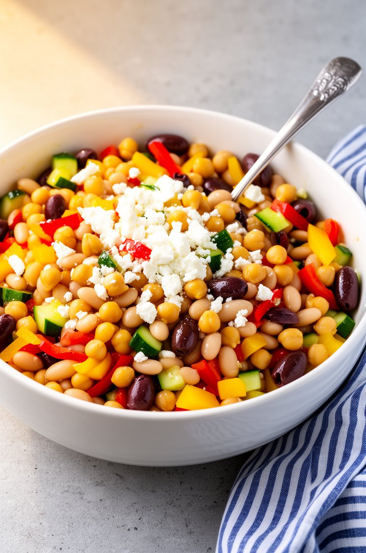 Side-angle shot of a large white ceramic bowl filled with colorful Mediterranean bean salad — golden chickpeas and white cannellini beans mixed with bright red and yellow bell pepper pieces, green cuc