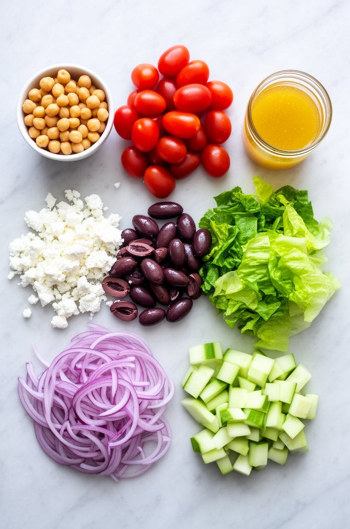 Overhead flat-lay of Mediterranean salad ingredients arranged in neat groups on a light marble surface — a small bowl of golden chickpeas, a pile of quartered red grape tomatoes, sliced purple kalamat