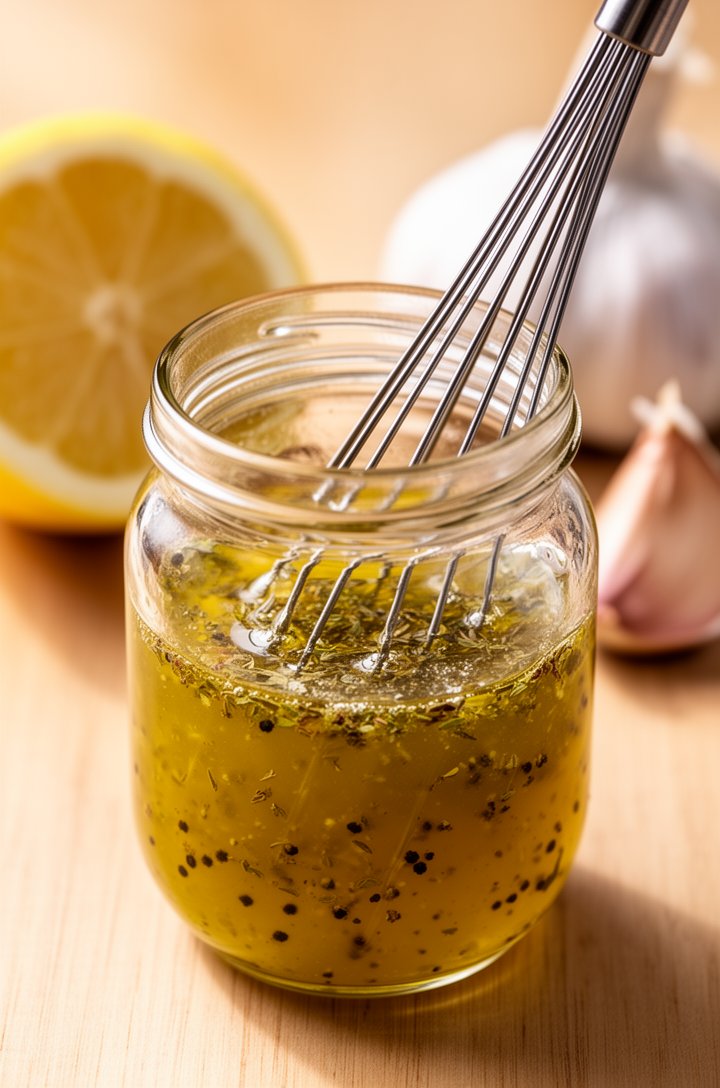Close-up 45-degree angle shot of lemon-oregano vinaigrette being whisked in a small glass mason jar, golden olive oil emulsifying with cloudy lemon juice, visible flecks of dried oregano and black pep
