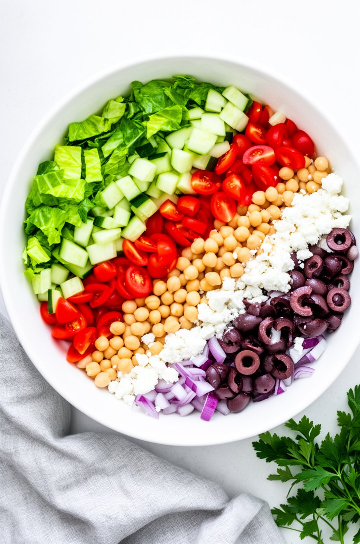 Overhead shot of a large white ceramic bowl filled with Mediterranean chopped salad arranged in colorful diagonal rows — bright green chopped romaine as the base, a stripe of red quartered grape tomat