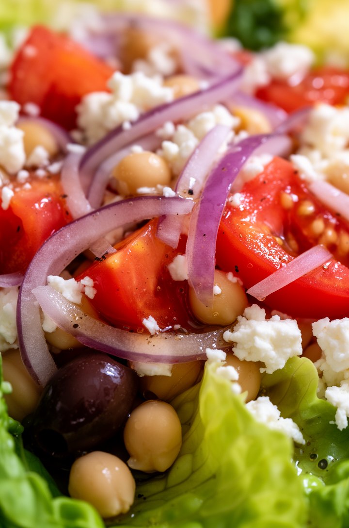 Extreme close-up macro shot of the finished Mediterranean salad after tossing, filling the entire frame. Glistening vinaigrette coating bright red tomato quarters, translucent purple onion slivers dra