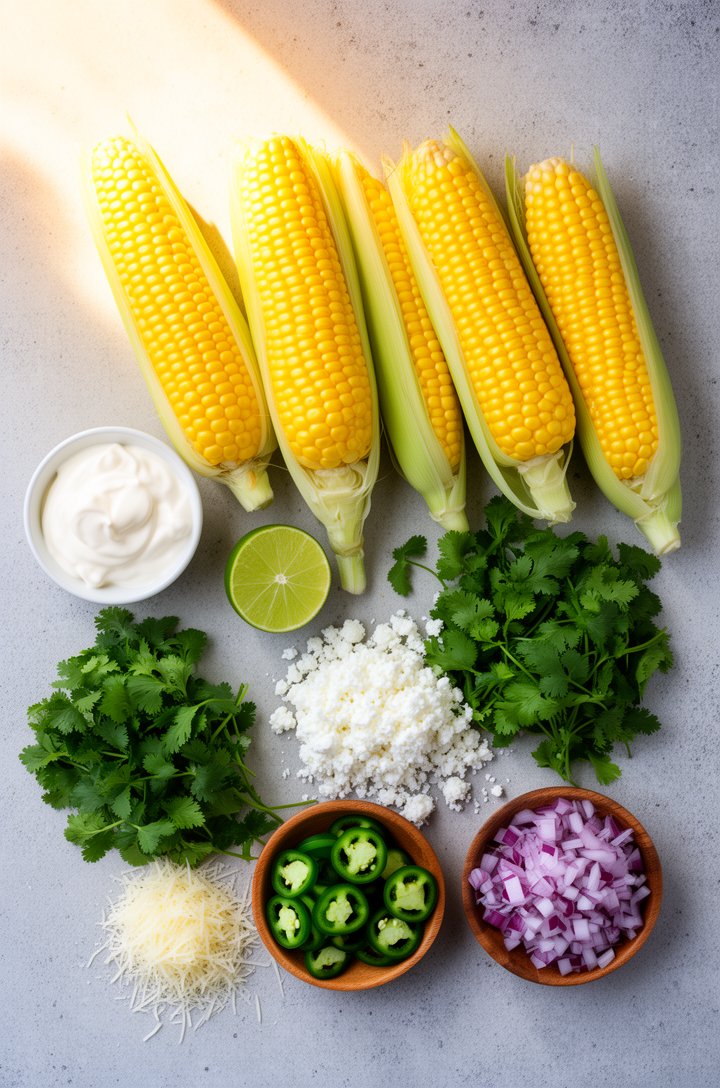 Overhead flat-lay of raw ingredients for Mexican corn salad arranged on a light grey concrete surface: four ears of fresh yellow corn with husks partially pulled back, a small white bowl of mayonnaise