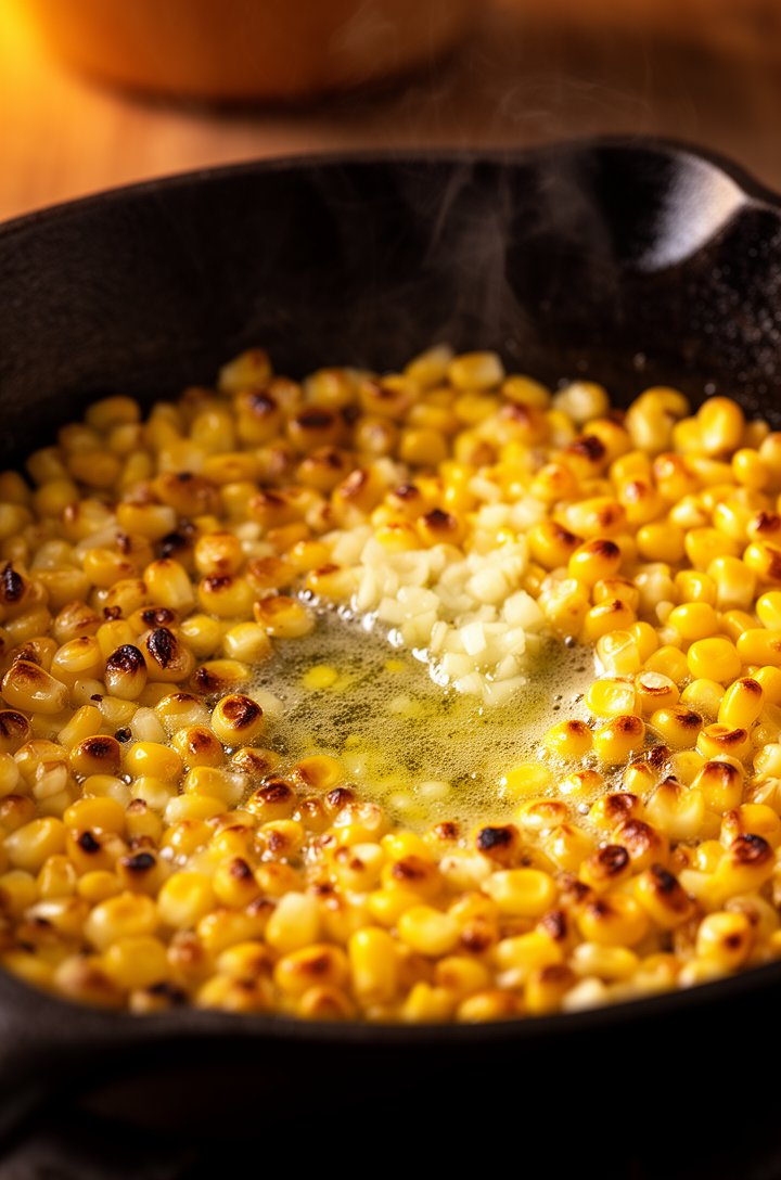 Close-up shot at a 30-degree angle of golden-brown corn kernels charring in a dark cast iron skillet, visible brown and caramelized spots on the kernels, melted butter glistening between the corn, sma