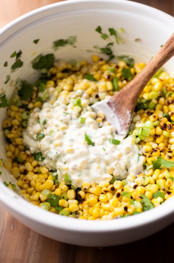 Extreme close-up at table level of Mexican corn salad being tossed in a large white ceramic bowl, showing the creamy mayo-sour cream dressing coating golden charred corn kernels, visible pieces of cho