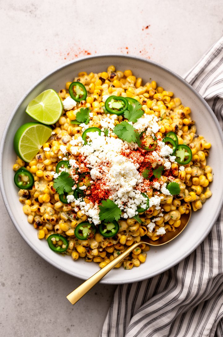 Overhead shot of finished Mexican corn salad in a shallow grey-white ceramic bowl, golden charred corn coated in creamy dressing, generous crumbles of white cotija cheese scattered across the top, bri